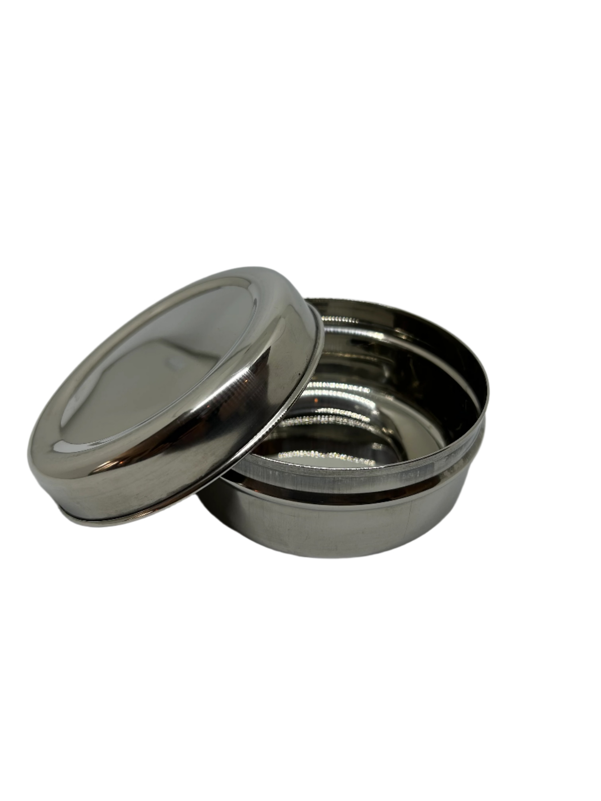 Steel containers with lids on a white background